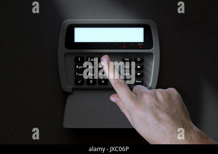 Eine männliche Hand Drücken einer Taste eines Home Security Control Panel bei Nacht - 3D-Rendering Stockfoto