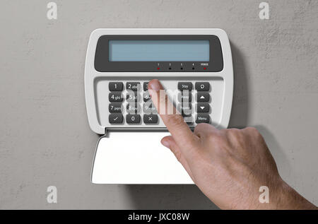 Eine männliche Hand Drücken einer Taste eines Home Security Control Panel am Tag, 3D-Rendering Stockfoto