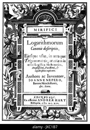 JOHN NAPIER (1550-1617), schottischer Mathematiker. Titel Seite seines 1614 Mirifici logarithmorum canonis descriptio buchen Stockfoto