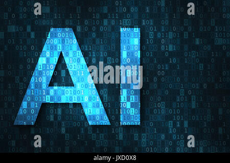 Künstliche Intelligenz Abbildung mit blauem Text AI über binäre Code matrix Hintergrund. Abstrakte Konzept der Cyber-Technologie und Automatisierung Stockfoto