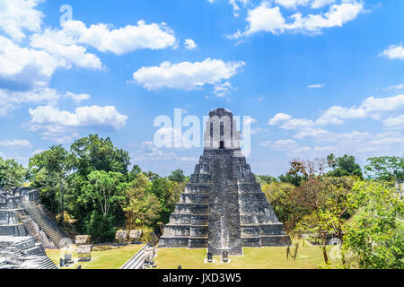 Blick über Maya Pyramiden und Tempel in Nationalpark Tikal in Guatemala. Stockfoto