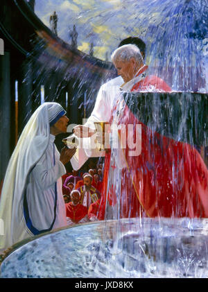 Mutter Theresa, die dieses Sakrament empfangen, von Johannes Paul II. an einer Messe 1982 in St. Peter's Square die große Plaza direkt vor der Basilika St. Peter im Vatikan. Stockfoto