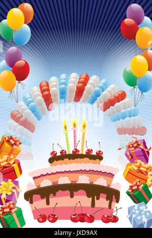 Hintergrund mit Design Elemente und die Geburtstagstorte. Das Plakat oder Einladung zu einem Geburtstag und Jubiläum. Stockfoto