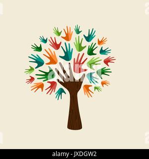 Baum Symbol mit bunten menschlichen Händen. Konzept Abbildung für die Organisation zu helfen, umwelt Projekt oder soziale Arbeit. EPS 10 Vektor. Stock Vektor