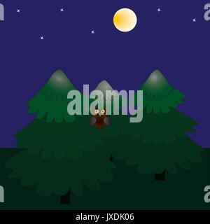 Eine Nacht Wald durch einen Vollmond und eine Eule sitzt auf einem Baum beleuchtet. Stock Vektor