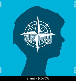 Zeichen für eine isolierte Weiblicher Kopf silhouette Symbol mit einer Kompassrose, Vektor, Abbildung Stock Vektor