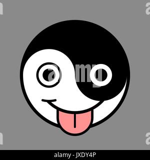 Smiley von Yin und Yang Symbol lächelnd und mit Zunge, über grauer Hintergrund, Vektor Cartoon Illustration Stock Vektor