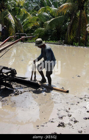 Bali/Indonesien - September 09, 2017: Landwirt in Ubud Pflügen der Reisfelder mit Maschine Stockfoto