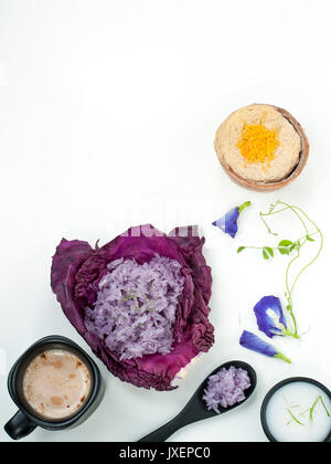 Blauen Erbse klebriger Reis thailändische Vanillesauce mit Kokosmilch thailändisches Dessert Asian Food Styling isoliert auf weißem Stockfoto