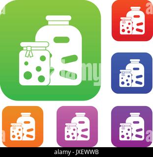 Gläser mit eingelegtem Gemüse und Marmelade set Sammlung Stock Vektor