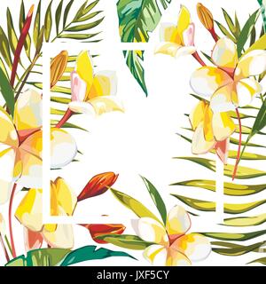 Banner, Poster mit Palmblättern, Dschungel Blatt und plumeria Blumen. Schöne Vektor floral tropischer Sommer Hintergrund. EPS 10. Stock Vektor