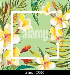 Banner, Poster mit Palmblättern, Dschungel Blatt und plumeria Blumen. Schöne Vektor floral tropischer Sommer Hintergrund. EPS 10. Stock Vektor
