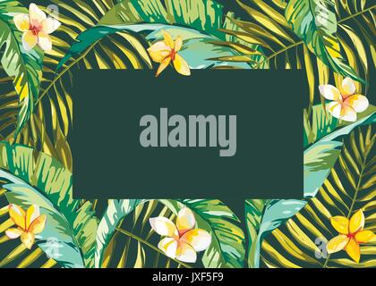 Tropische Blätter Zusammensetzung Hintergrund. Flache formen Hand gezeichnet. Grün auf Schwarz mit Vogel der plumeria Blumen. EPS 10. Stock Vektor