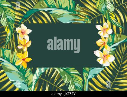 Tropische Blätter Zusammensetzung Hintergrund. Flache formen Hand gezeichnet. Grün auf Schwarz mit Vogel der plumeria Blumen. EPS 10. Stock Vektor