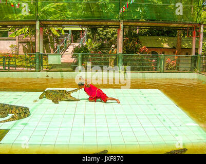 Koh Samui, Thailand - 28. Juni 2008: Die lokalen Mann seinen Kopf im Maul des Krokodils auf Koh Samui Stockfoto