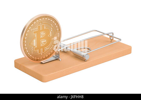 Mausefalle mit bitcoin, 3D-Rendering auf weißem Hintergrund Stockfoto