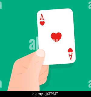 Hand, bis eine Spielkarte Herz Ass über einen grünen Hintergrund konzeptionelle der Casinos, Poker, Glück, Sieger, Wetten, Casino oder entspannende Spiel des Stock Vektor