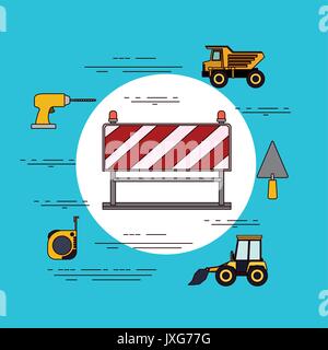 Farbe Hintergrund kreisförmige Rahmen mit Verkehr Barriere in roten und weißen Streifen mit Werkzeugen für den Bau Stock Vektor
