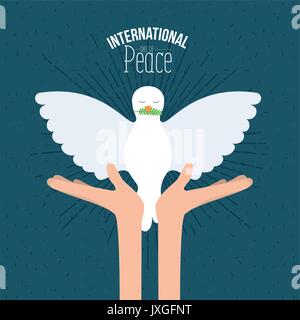 Farbe Poster mit Funken und Hände halten eine Vorderansicht Taube mit Ölzweig im Peak und Text der Internationalen Tag des Friedens mit linearen Helligkeit Stock Vektor