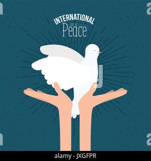 Farbe Poster mit Funken und Hände halten eine Taube mit Ölzweig im Peak und Text der Internationalen Tag des Friedens mit linearen Helligkeit Stock Vektor
