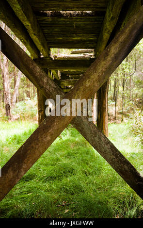 Alte ausgediente Holz Eisenbahnbrücke in Buschland in der Nähe von Digby, Victoria, Australien Stockfoto