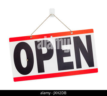Red Hanging Open Sign Isolated on White Background. Stockfoto