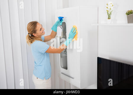 Junge lächelnde Frau Reinigung Möbel mit Reinigung Produkt zu Hause Stockfoto
