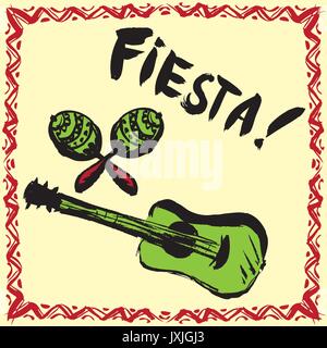 Mexikanische Fiesta Party Einladung mit Maracas und Gitarre. Hand Vector Illustration Poster gezeichnet Stock Vektor