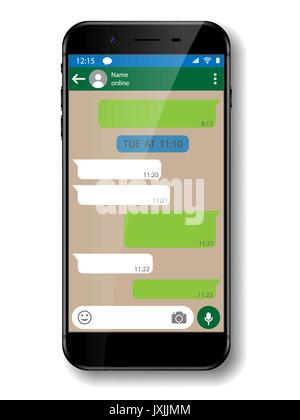 Schwarz realistische Smartphone chatten oder SMS-App. Soziales Netzwerk Konzept. Handy mit Messenger Fenster. Vector Illustration Stock Vektor