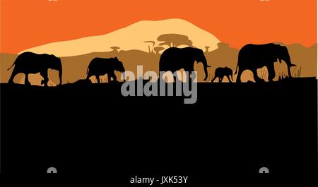 Silhouetten von Elefanten kreuz Afrika mit Bergen im Hintergrund isoliert. Stock Vektor