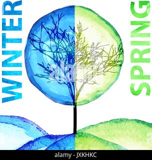 Winter und Frühling aquarell Konzept. Saisonale Bäume kunst Vector Illustration Stock Vektor