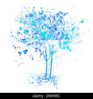Winter aquarell Baum. Blau Bäume mit Spritzern und Tinte Abbildung skizziert. Winter Baum Konzept Stock Vektor