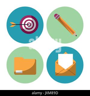 Weißer Hintergrund mit bunten Kreise mit Teamarbeit Symbole als Ziel und Bleistift und Ordner und e-mail Stock Vektor