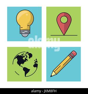 Weißer Hintergrund mit bunten Quadrate mit Ikonen der mobile App als Glühbirne und Kartenzeiger und Weltkarte und Bleistift Stock Vektor