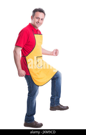 Zuversichtlich SB-Warenhaus Verkäufer einen großen Schritt nach vorn auf weißem Hintergrund Stockfoto