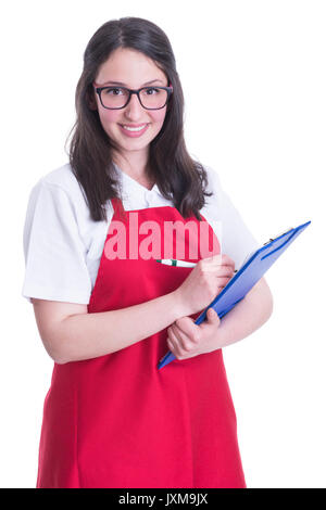 Junge und glückliche Mitarbeiter schriftlich auf Checkliste aus der Zwischenablage auf weißem Hintergrund Stockfoto