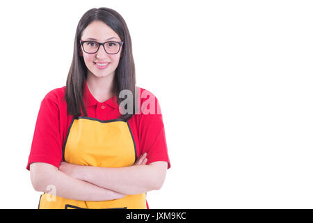 Portrait von Schöne speichern Merchandiser mit verschränkten Armen lächelnd auf weißem Hintergrund mit Copyspace Stockfoto