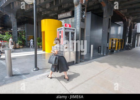 Die 'Ring Ihr Rep" Telefonzelle befindet sich am Standard High Line Hotel im Meatpacking District in New York am Dienstag, 8. August 2017 gesehen. Der Aktivist stand enthält ein Telefon, das Sie über eine direkte Linie zu dem US Capitol Telefonzentrale anschließen. Mit einem 'Telefonbuch' von Anweisungen und ein Skript Passant, hotel Guest und solchen, die spezifische Probleme mit der gewählten Vertreter können Sie Stimme ihre Meinungen und ausgestattet. 'Ring Sie rRep' erstellt wurde Aktivismus zu fördern. (© Richard B. Levine) Stockfoto