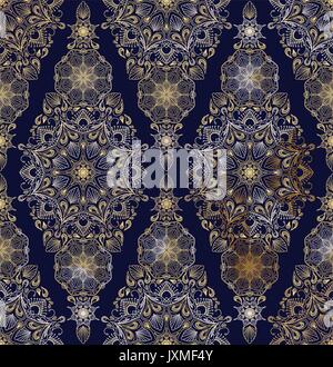 Dekorative goldene Blumen Mandala nahtlose Muster auf blauem Hintergrund Stock Vektor