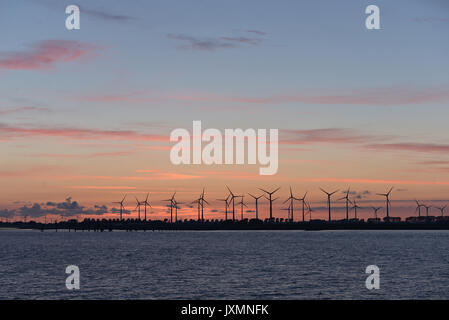 Windenergieanlagen über Meer bei Sonnenuntergang Segeln aus den Niederlanden Stockfoto