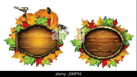 Satz von Holz- vektor Herbst Boards mit Kürbis und Herbstlaub und Vögel mit Holzplatte auf weißem Hintergrund Stock Vektor