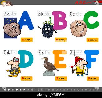 Cartoon Illustration von Großbuchstaben Alphabet Bildungs- Set für das Lesen und Schreiben lernen für Kinder von A bis F Stock Vektor