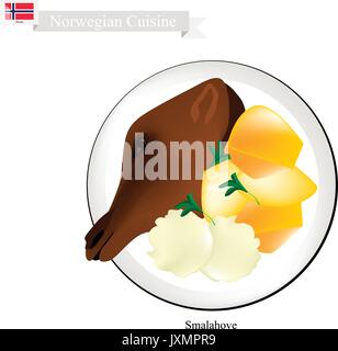 Norwegische Küche, Illustration von Smalahove, Smalehovud, Skjelte oder traditionellen gegrillten Sheeps Head, serviert mit Kartoffeln gekocht in der Regel gegessen, bevor Stock Vektor
