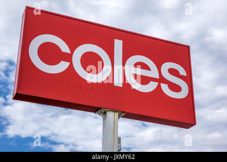 Das Logo Zeichen der Coles Supermärkte Australia Pty Ltd. ein Lebensmittelgeschäft Kette von Läden in Australien Stockfoto