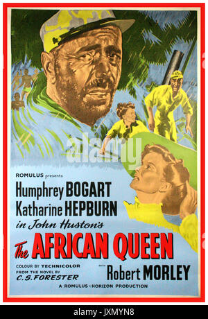 Die Afrikanische Königin, 1952. Vintage English Movie Poster Mitte der 50er Jahre. Mit Humphrey Bogart und Katharine Hepburn in der Hauptrolle mit Robert Morley Hollywood-Klassiker unter der Regie von John Huston und im Krieg umkämpften Deutsch-Ostafrika. Original Film Film Poster Stockfoto