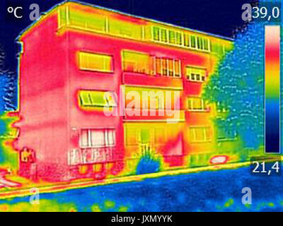 Infrarot-Thermografie-Bild zeigt mangelnde Wärmedämmung auf Wohnhaus Stockfoto