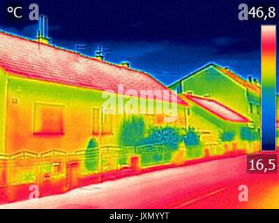 Infrarot-Thermografie-Bild zeigt mangelnde Wärmedämmung auf Wohnhaus Stockfoto