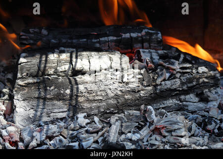 Ein schließen Foto von Brennholz brennen für ein Barbecue an einem sonnigen Tag, mit Asche, Carbon und Flammen Stockfoto