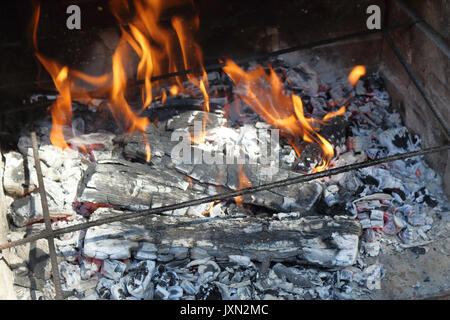 Ein schließen Foto von Brennholz brennen für ein Barbecue an einem sonnigen Tag, mit Asche, Carbon und Flammen Stockfoto