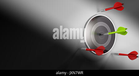 3D-Darstellung der modernen Dartboard und eine grüne Dart schlagen die Mitte. Drei rote Dart ausfallen, um das Ziel zu erreichen Stockfoto